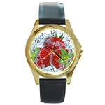 Red Strawberries Water Squirt Strawberry Fresh Splash Drops Round Gold Metal Watch