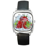 Red Strawberries Water Squirt Strawberry Fresh Splash Drops Square Metal Watch