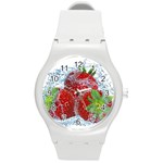 Red Strawberries Water Squirt Strawberry Fresh Splash Drops Round Plastic Sport Watch (M)