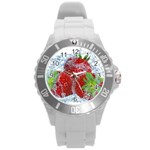 Red Strawberries Water Squirt Strawberry Fresh Splash Drops Round Plastic Sport Watch (L)