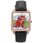 Red Strawberries Water Squirt Strawberry Fresh Splash Drops Rose Gold Leather Watch 