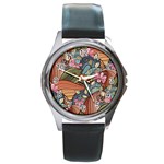 Multicolored Flower Decor Flowers Patterns Leaves Colorful Round Metal Watch