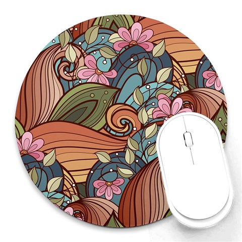 Multicolored Flower Decor Flowers Patterns Leaves Colorful Round Mousepad from ArtsNow.com Front