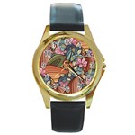 Multicolored Flower Decor Flowers Patterns Leaves Colorful Round Gold Metal Watch