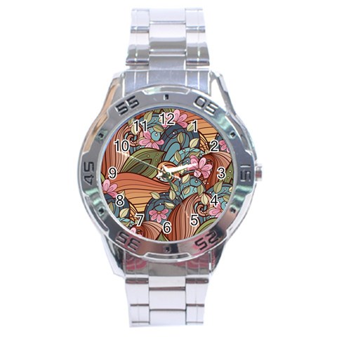 Multicolored Flower Decor Flowers Patterns Leaves Colorful Stainless Steel Analogue Watch from ArtsNow.com Front