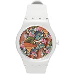 Multicolored Flower Decor Flowers Patterns Leaves Colorful Round Plastic Sport Watch (M)