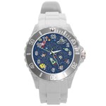 Cat-cosmos-cosmonaut-rocket Round Plastic Sport Watch (L)