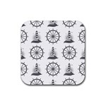 Marine-nautical-seamless-pattern-with-vintage-lighthouse-wheel Rubber Coaster (Square)