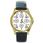 Marine-nautical-seamless-pattern-with-vintage-lighthouse-wheel Round Gold Metal Watch