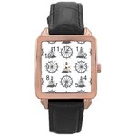 Marine-nautical-seamless-pattern-with-vintage-lighthouse-wheel Rose Gold Leather Watch 