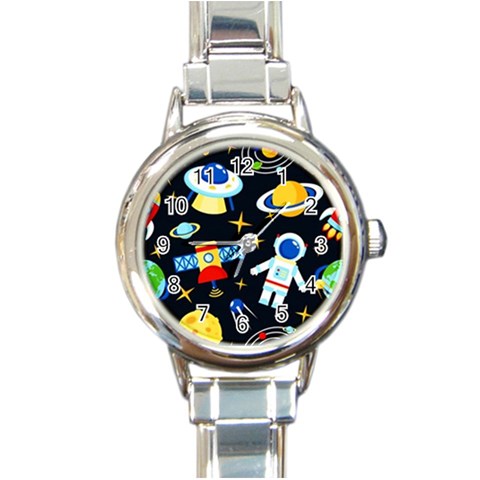 Space Seamless Pattern Round Italian Charm Watch from ArtsNow.com Front