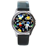 Space Seamless Pattern Round Metal Watch