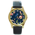 Seamless-pattern-with-funny-aliens-cat-galaxy Round Gold Metal Watch