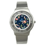 Seamless-pattern-with-funny-aliens-cat-galaxy Stainless Steel Watch