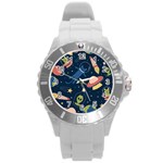 Seamless-pattern-with-funny-aliens-cat-galaxy Round Plastic Sport Watch (L)