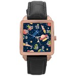 Seamless-pattern-with-funny-aliens-cat-galaxy Rose Gold Leather Watch 