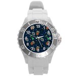 Monster-alien-pattern-seamless-background Round Plastic Sport Watch (L)