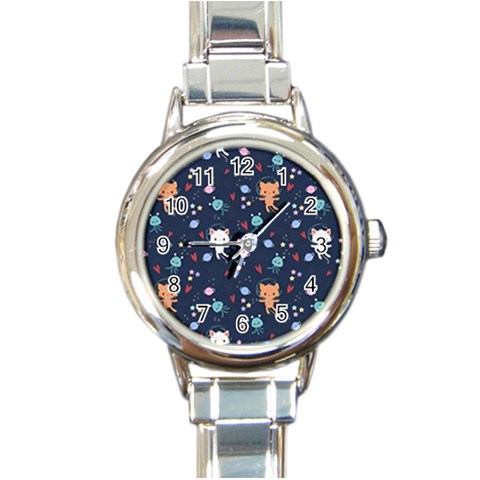 Cute Astronaut Cat With Star Galaxy Elements Seamless Pattern Round Italian Charm Watch from ArtsNow.com Front
