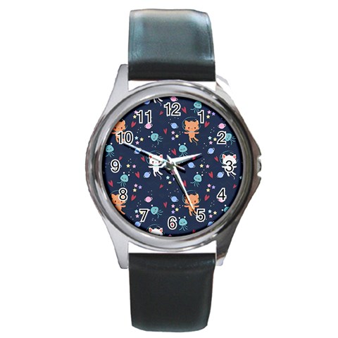 Cute Astronaut Cat With Star Galaxy Elements Seamless Pattern Round Metal Watch from ArtsNow.com Front