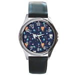 Cute Astronaut Cat With Star Galaxy Elements Seamless Pattern Round Metal Watch