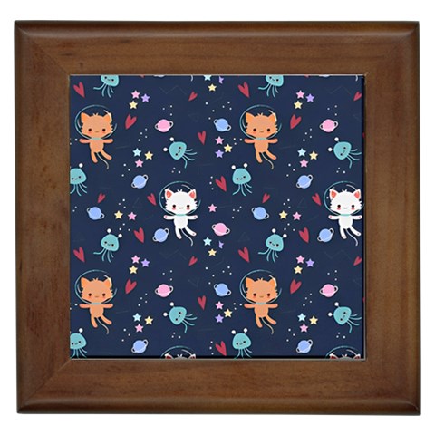 Cute Astronaut Cat With Star Galaxy Elements Seamless Pattern Framed Tile from ArtsNow.com Front