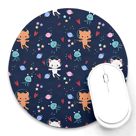Cute Astronaut Cat With Star Galaxy Elements Seamless Pattern Round Mousepad from ArtsNow.com Front