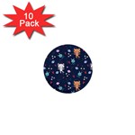 Cute Astronaut Cat With Star Galaxy Elements Seamless Pattern 1  Mini Buttons (10 pack) 