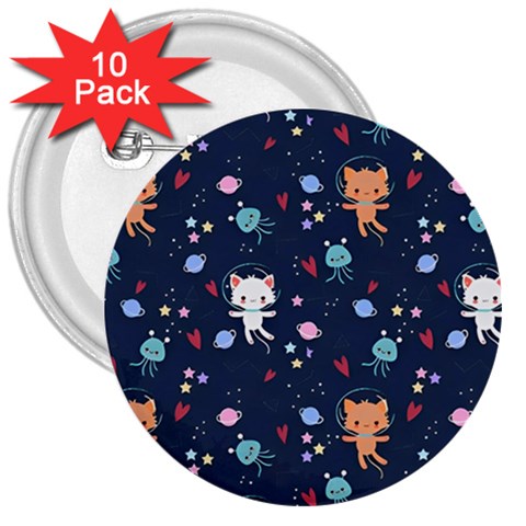 Cute Astronaut Cat With Star Galaxy Elements Seamless Pattern 3  Buttons (10 pack)  from ArtsNow.com Front