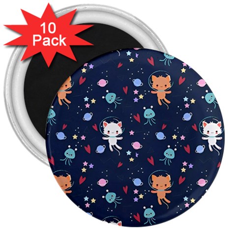 Cute Astronaut Cat With Star Galaxy Elements Seamless Pattern 3  Magnets (10 pack)  from ArtsNow.com Front