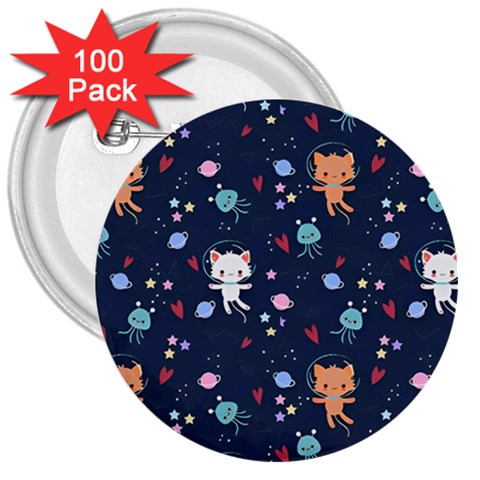 Cute Astronaut Cat With Star Galaxy Elements Seamless Pattern 3  Buttons (100 pack)  from ArtsNow.com Front