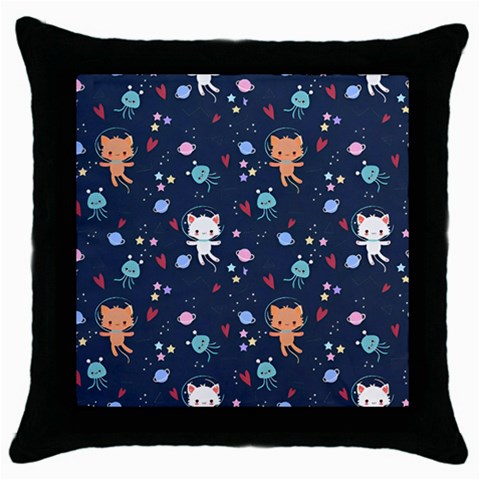 Cute Astronaut Cat With Star Galaxy Elements Seamless Pattern Throw Pillow Case (Black) from ArtsNow.com Front