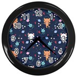 Cute Astronaut Cat With Star Galaxy Elements Seamless Pattern Wall Clock (Black)