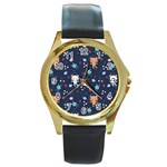 Cute Astronaut Cat With Star Galaxy Elements Seamless Pattern Round Gold Metal Watch