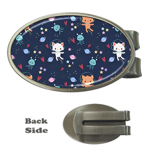 Cute Astronaut Cat With Star Galaxy Elements Seamless Pattern Money Clips (Oval)  from ArtsNow.com Front