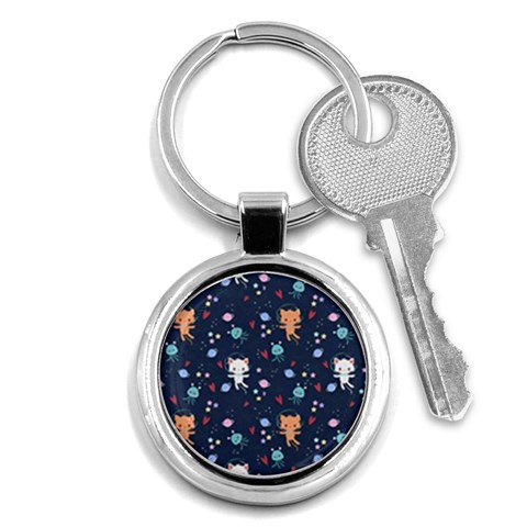 Cute Astronaut Cat With Star Galaxy Elements Seamless Pattern Key Chain (Round) from ArtsNow.com Front