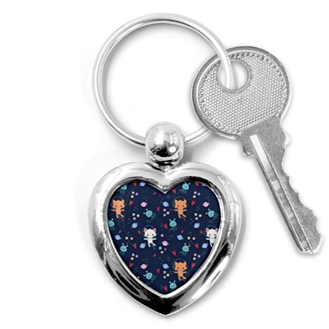 Cute Astronaut Cat With Star Galaxy Elements Seamless Pattern Key Chain (Heart) from ArtsNow.com Front