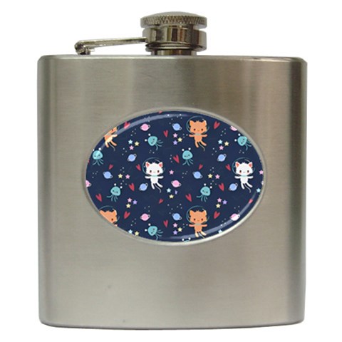 Cute Astronaut Cat With Star Galaxy Elements Seamless Pattern Hip Flask (6 oz) from ArtsNow.com Front