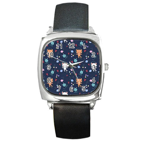 Cute Astronaut Cat With Star Galaxy Elements Seamless Pattern Square Metal Watch from ArtsNow.com Front