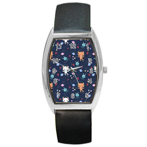 Cute Astronaut Cat With Star Galaxy Elements Seamless Pattern Barrel Style Metal Watch from ArtsNow.com Front