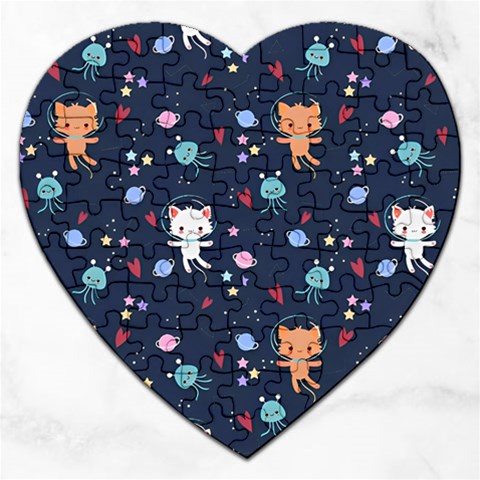 Cute Astronaut Cat With Star Galaxy Elements Seamless Pattern Jigsaw Puzzle (Heart) from ArtsNow.com Front