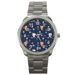 Cute Astronaut Cat With Star Galaxy Elements Seamless Pattern Sport Metal Watch