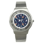 Cute Astronaut Cat With Star Galaxy Elements Seamless Pattern Stainless Steel Watch