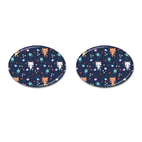 Cute Astronaut Cat With Star Galaxy Elements Seamless Pattern Cufflinks (Oval) from ArtsNow.com Front(Pair)