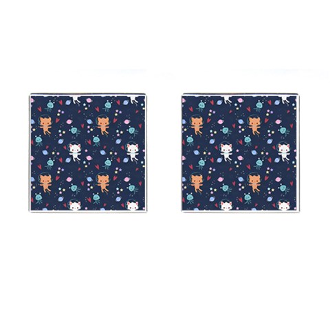 Cute Astronaut Cat With Star Galaxy Elements Seamless Pattern Cufflinks (Square) from ArtsNow.com Front(Pair)