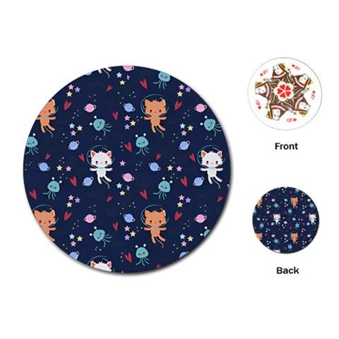 Cute Astronaut Cat With Star Galaxy Elements Seamless Pattern Playing Cards Single Design (Round) from ArtsNow.com Front