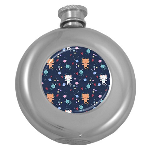 Cute Astronaut Cat With Star Galaxy Elements Seamless Pattern Round Hip Flask (5 oz) from ArtsNow.com Front