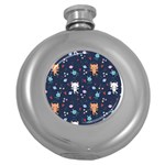 Cute Astronaut Cat With Star Galaxy Elements Seamless Pattern Round Hip Flask (5 oz)