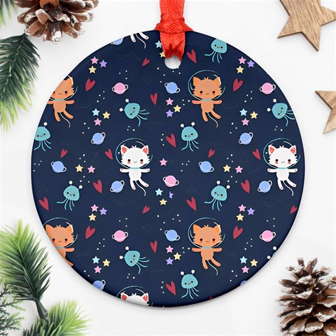 Cute Astronaut Cat With Star Galaxy Elements Seamless Pattern Round Ornament (Two Sides) from ArtsNow.com Front