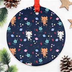 Cute Astronaut Cat With Star Galaxy Elements Seamless Pattern Round Ornament (Two Sides) from ArtsNow.com Front