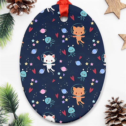 Cute Astronaut Cat With Star Galaxy Elements Seamless Pattern Oval Ornament (Two Sides) from ArtsNow.com Front
